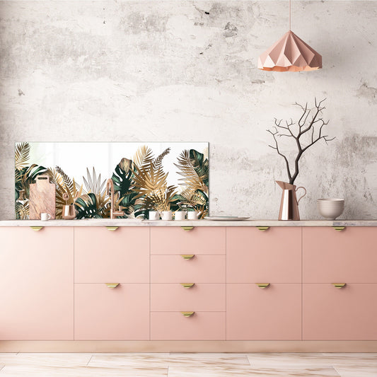 Stunning glass wall art - Wide format kitchen backsplash with and without metal back-coating - Tropical Leaves Series: Tropical pattern