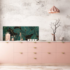 Stunning glass wall art - Wide format kitchen backsplash with and without metal back-coating - Tropical Leaves Series: Art deco wallpaper 1