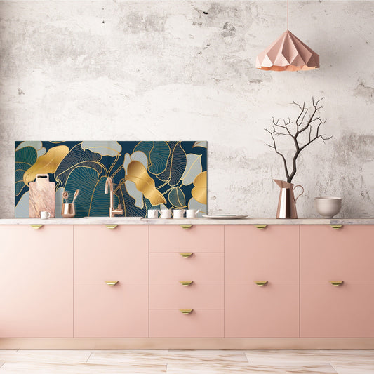 Stunning glass wall art - Wide format kitchen backsplash with and without metal back-coating - Tropical Leaves Series: Art deco wallpaper 2
