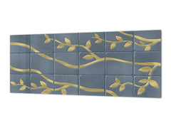 Toughened printed glass backsplash - Kitchen wall panel: Textures and tiles 1 Series Oxidized copper ornament: Golden branches on a blue background