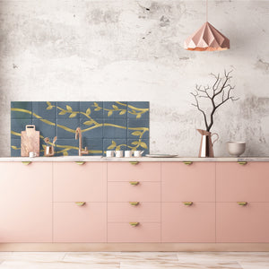Toughened printed glass backsplash - Kitchen wall panel: Textures and tiles 1 Series Oxidized copper ornament: Golden branches on a blue background