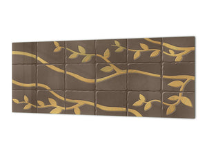 Toughened printed glass backsplash - Kitchen wall panel: Textures and tiles 1 Series Oxidized copper ornament: Golden branches on a brown background
