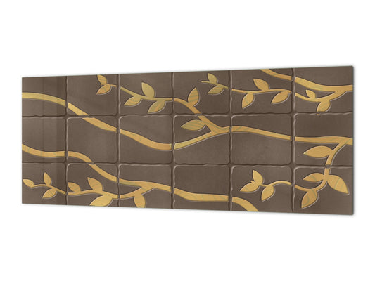 Toughened printed glass backsplash - Kitchen wall panel: Textures and tiles 1 Series Oxidized copper ornament: Golden branches on a brown background
