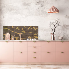 Toughened printed glass backsplash - Kitchen wall panel: Textures and tiles 1 Series Oxidized copper ornament: Golden branches on a brown background