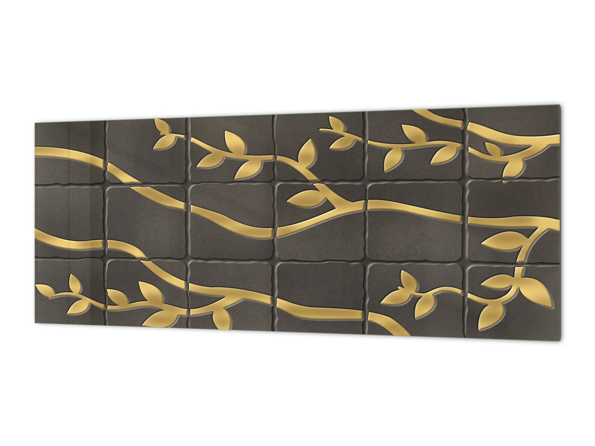 Toughened printed glass backsplash - Kitchen wall panel: Textures and tiles 1 Series Oxidized copper ornament: Golden branches on a dark background