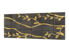 Toughened printed glass backsplash - Kitchen wall panel: Textures and tiles 1 Series Oxidized copper ornament: Golden branches on a dark background