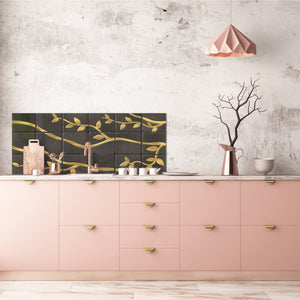 Toughened printed glass backsplash - Kitchen wall panel: Textures and tiles 1 Series Oxidized copper ornament: Golden branches on a dark background
