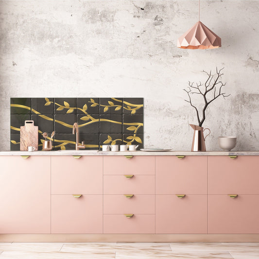 Toughened printed glass backsplash - Kitchen wall panel: Textures and tiles 1 Series Oxidized copper ornament: Golden branches on a dark background