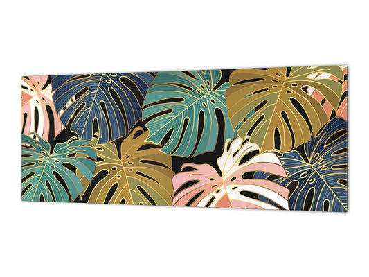 Stunning glass wall art - Wide format kitchen backsplash with and without metal back-coating - Tropical Leaves Series: Vector art