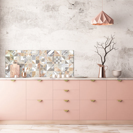 Printed glass horizontal splashback -  Tempered Glass Wall Panel Cities Series BBS22:  Vintage leaves and patterns Series: Retro tiles pattern