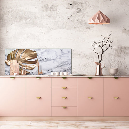 Stunning glass wall art - Wide format kitchen backsplash with and without metal back-coating - Tropical Leaves Series: Golden leaf on marble