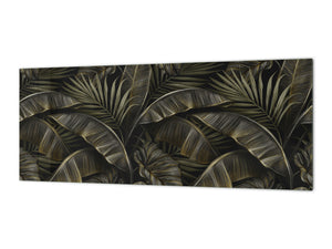 Stunning glass wall art - Wide format kitchen backsplash with and without metal back-coating - Tropical Leaves Series: Exotic pattern 1