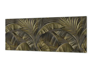 Stunning glass wall art - Wide format kitchen backsplash with and without metal back-coating - Tropical Leaves Series: Dark banana leaves