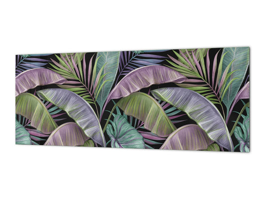 Stunning glass wall art - Wide format kitchen backsplash with and without metal back-coating - Tropical Leaves Series: Exotic pattern 2