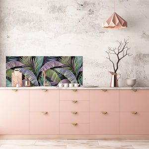Stunning glass wall art - Wide format kitchen backsplash with and without metal back-coating - Tropical Leaves Series: Exotic pattern 2
