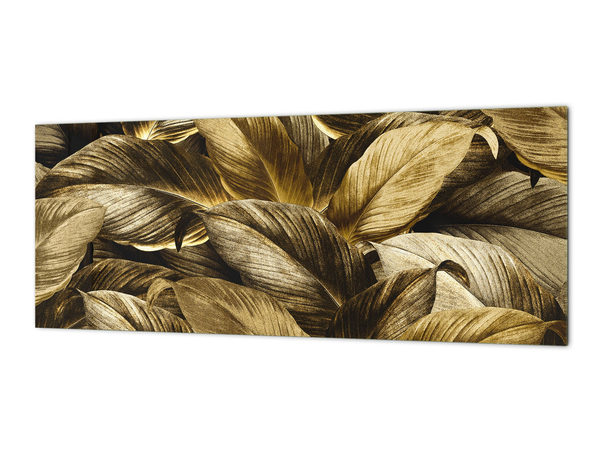 Stunning glass wall art - Wide format kitchen backsplash with and without metal back-coating - Tropical Leaves Series: Precious leaves