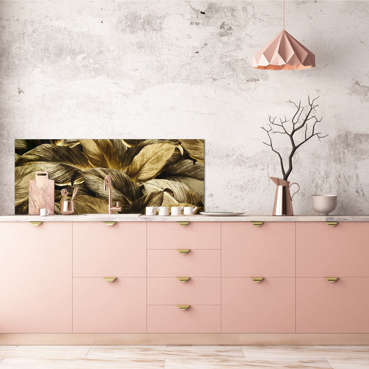 Stunning glass wall art - Wide format kitchen backsplash with and without metal back-coating - Tropical Leaves Series: Precious leaves