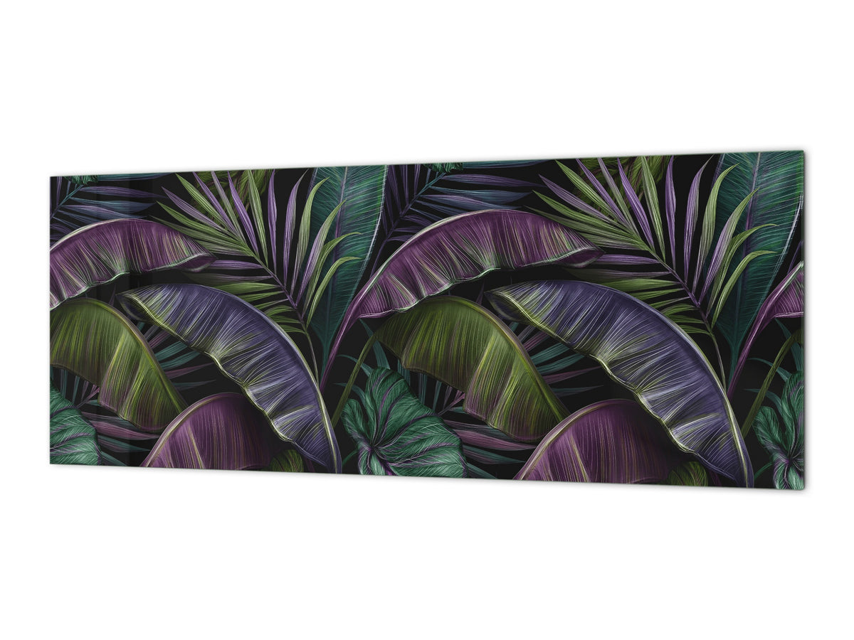 Stunning glass wall art - Wide format kitchen backsplash with and without metal back-coating - Tropical Leaves Series: Dark exotic pattern