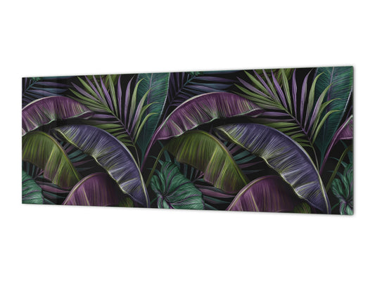 Stunning glass wall art - Wide format kitchen backsplash with and without metal back-coating - Tropical Leaves Series: Dark exotic pattern