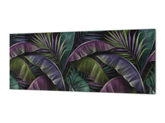 Stunning glass wall art - Wide format kitchen backsplash with and without metal back-coating - Tropical Leaves Series: Dark exotic pattern