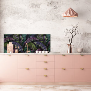 Stunning glass wall art - Wide format kitchen backsplash with and without metal back-coating - Tropical Leaves Series: Dark exotic pattern
