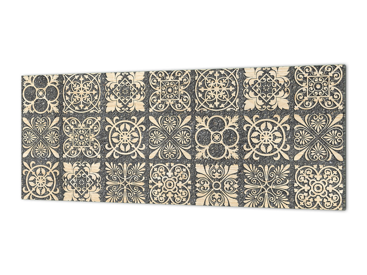 Printed glass horizontal splashback -  Tempered Glass Wall Panel Cities Series BBS22:  Vintage leaves and patterns Series: Sculpted mosaic pattern