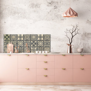 Printed glass horizontal splashback -  Tempered Glass Wall Panel Cities Series BBS22:  Vintage leaves and patterns Series: Sculpted mosaic pattern