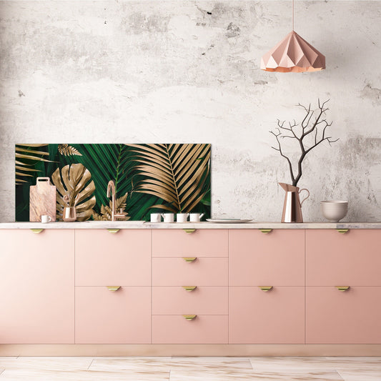 Stunning glass wall art - Wide format kitchen backsplash with and without metal back-coating - Tropical Leaves Series: Creative nature