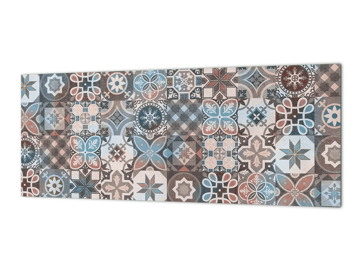 Printed glass horizontal splashback -  Tempered Glass Wall Panel Cities Series BBS22:  Vintage leaves and patterns Series: Spanish mosaic tiles