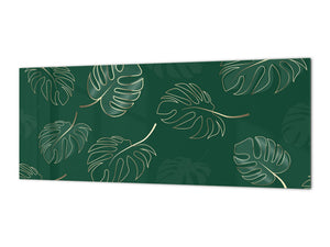 Stunning glass wall art - Wide format kitchen backsplash with and without metal back-coating - Tropical Leaves Series: Modern monstera leaves