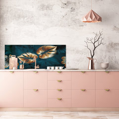 Stunning glass wall art - Wide format kitchen backsplash with and without metal back-coating - Tropical Leaves Series: Shining luxury leaves