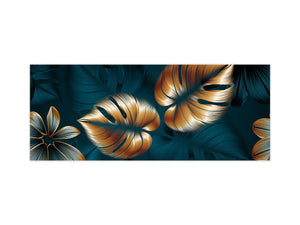 Stunning glass wall art - Wide format kitchen backsplash with and without metal back-coating - Tropical Leaves Series: Shining luxury leaves