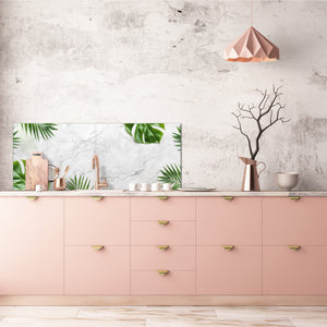 Stunning glass wall art - Wide format kitchen backsplash with and without metal back-coating - Tropical Leaves Series: Summer concept