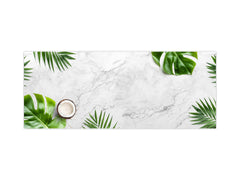 Stunning glass wall art - Wide format kitchen backsplash with and without metal back-coating - Tropical Leaves Series: Summer concept