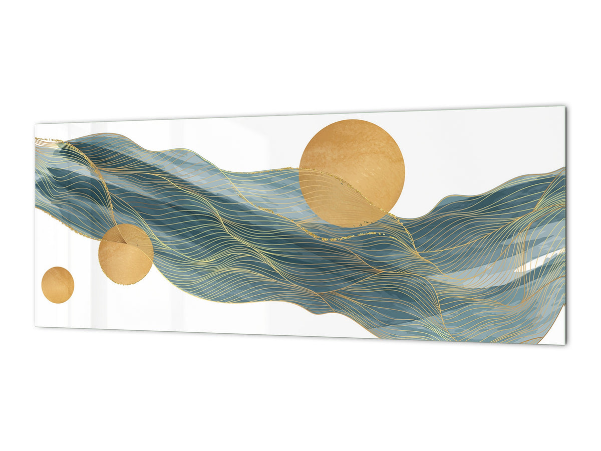 Printed glass horizontal splashback -  Tempered Glass Wall Panel Cities Series BBS22:  Vintage leaves and patterns Series: Gold abstract lines