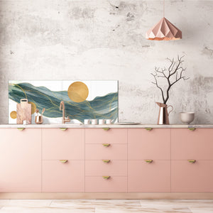 Printed glass horizontal splashback -  Tempered Glass Wall Panel Cities Series BBS22:  Vintage leaves and patterns Series: Gold abstract lines