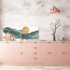 Printed glass horizontal splashback -  Tempered Glass Wall Panel Cities Series BBS22:  Vintage leaves and patterns Series: Gold abstract lines
