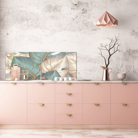 Stunning glass wall art - Wide format kitchen backsplash with and without metal back-coating - Tropical Leaves Series: Romantic monstera pattern