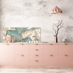 Stunning glass wall art - Wide format kitchen backsplash with and without metal back-coating - Tropical Leaves Series: Romantic monstera pattern