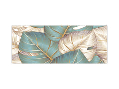 Stunning glass wall art - Wide format kitchen backsplash with and without metal back-coating - Tropical Leaves Series: Romantic monstera pattern