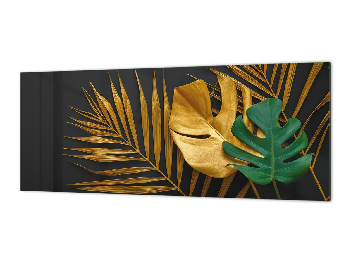 Stunning glass wall art - Wide format kitchen backsplash with and without metal back-coating - Tropical Leaves Series: Painted gold leaves