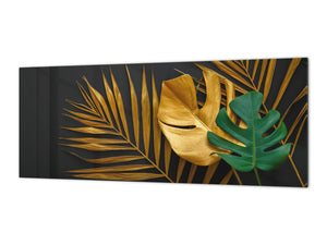 Stunning glass wall art - Wide format kitchen backsplash with and without metal back-coating - Tropical Leaves Series: Painted gold leaves