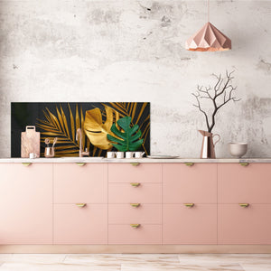 Stunning glass wall art - Wide format kitchen backsplash with and without metal back-coating - Tropical Leaves Series: Painted gold leaves