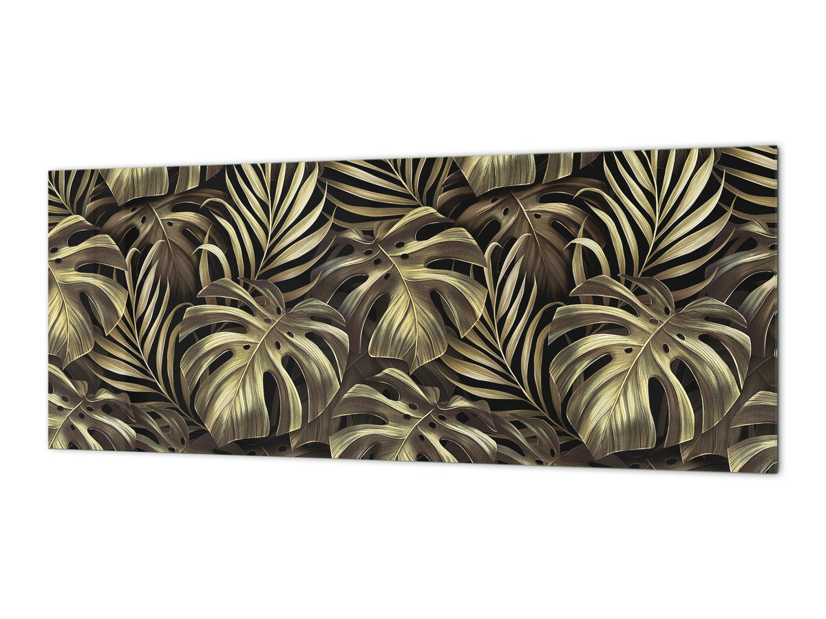 Stunning glass wall art - Wide format kitchen backsplash with and without metal back-coating - Tropical Leaves Series: Exotic vintage