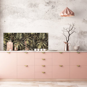 Stunning glass wall art - Wide format kitchen backsplash with and without metal back-coating - Tropical Leaves Series: Exotic vintage