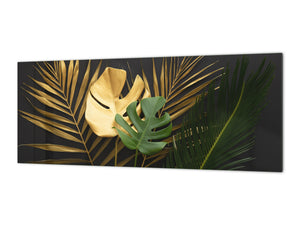 Stunning glass wall art - Wide format kitchen backsplash with and without metal back-coating - Tropical Leaves Series: Leave texture on black background