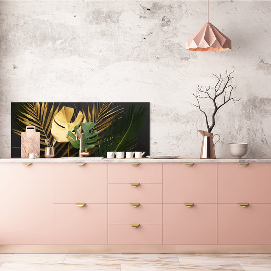 Stunning glass wall art - Wide format kitchen backsplash with and without metal back-coating - Tropical Leaves Series: Leave texture on black background