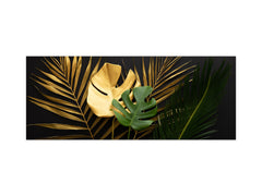 Stunning glass wall art - Wide format kitchen backsplash with and without metal back-coating - Tropical Leaves Series: Leave texture on black background