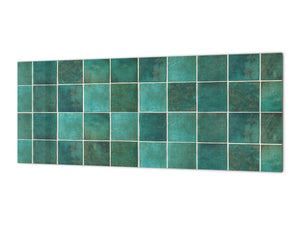 Toughened printed glass backsplash - Kitchen wall panel: Textures and tiles 1 Series Oxidized copper ornament: Green vintage ceramic tiles 3