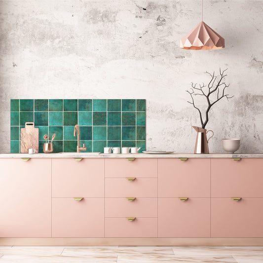 Toughened printed glass backsplash - Kitchen wall panel: Textures and tiles 1 Series Oxidized copper ornament: Green vintage ceramic tiles 3